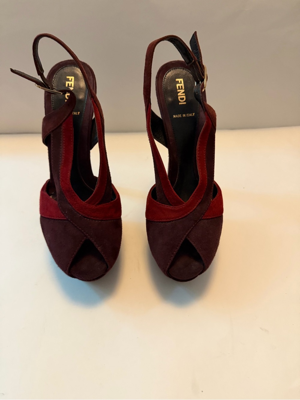 Fendi Two-tone Burgundy/red Suede platform High Heel slingback Sandals